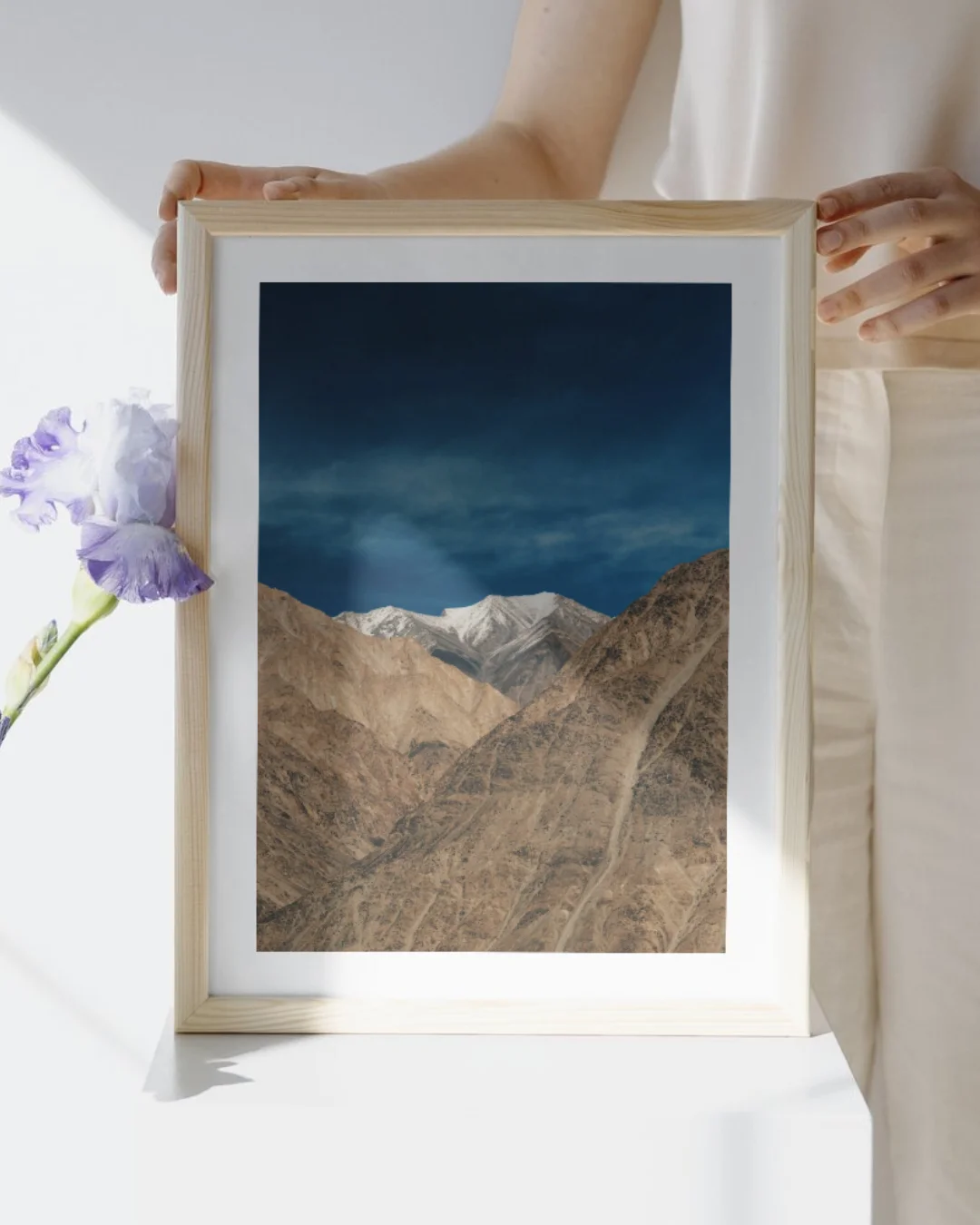 A framed print of a mountain range, held up in a sunlit room